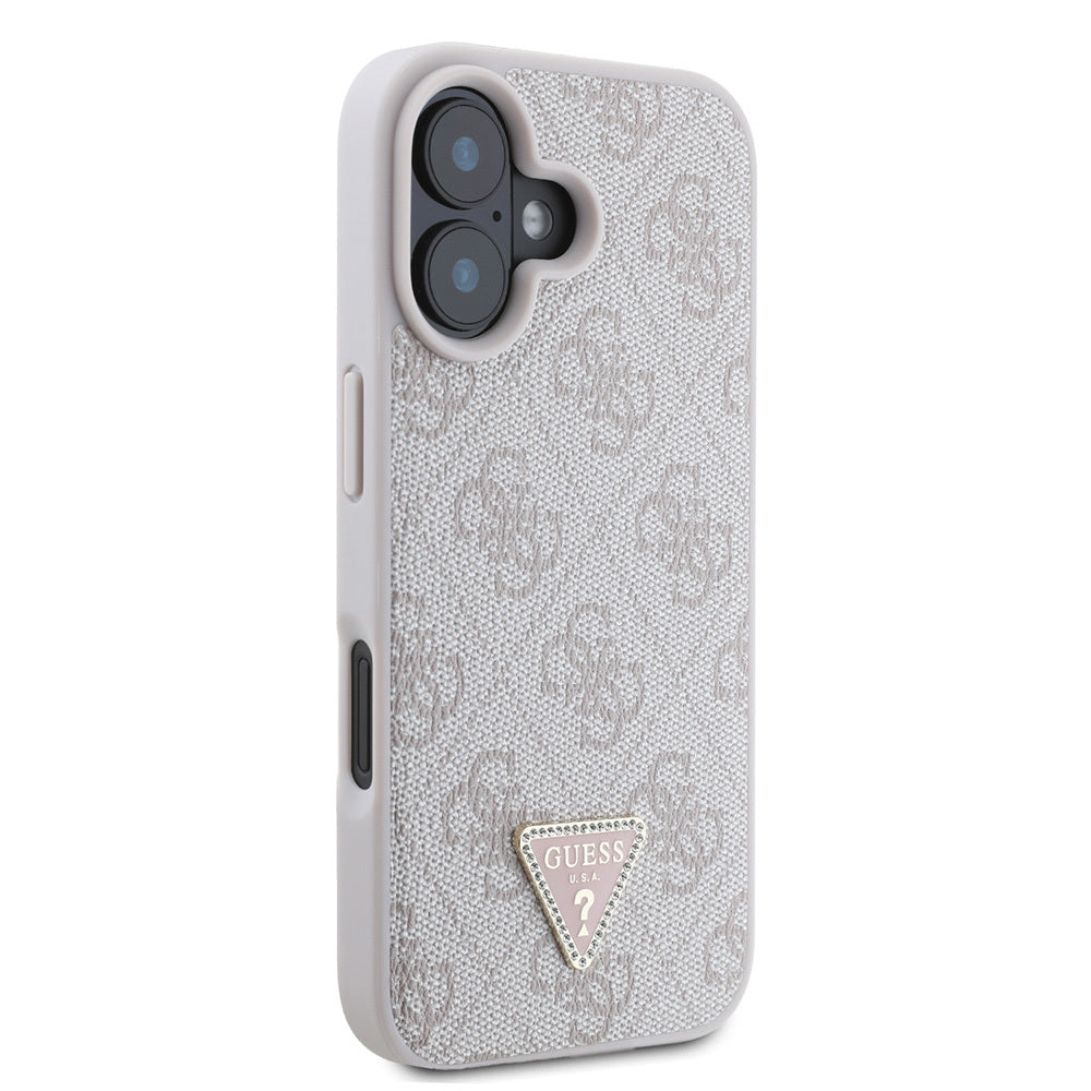Apple iPhone 16 Kılıf Guess Orjinal Lisanslı PU Deri Taşlı Üçgen Logo 4G Desenli Strass Kapak Pembe