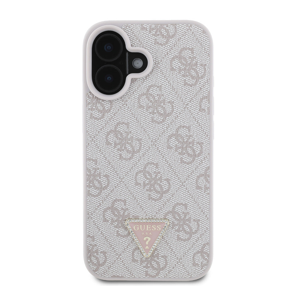 Apple iPhone 16 Kılıf Guess Orjinal Lisanslı PU Deri Taşlı Üçgen Logo 4G Desenli Strass Kapak Pembe
