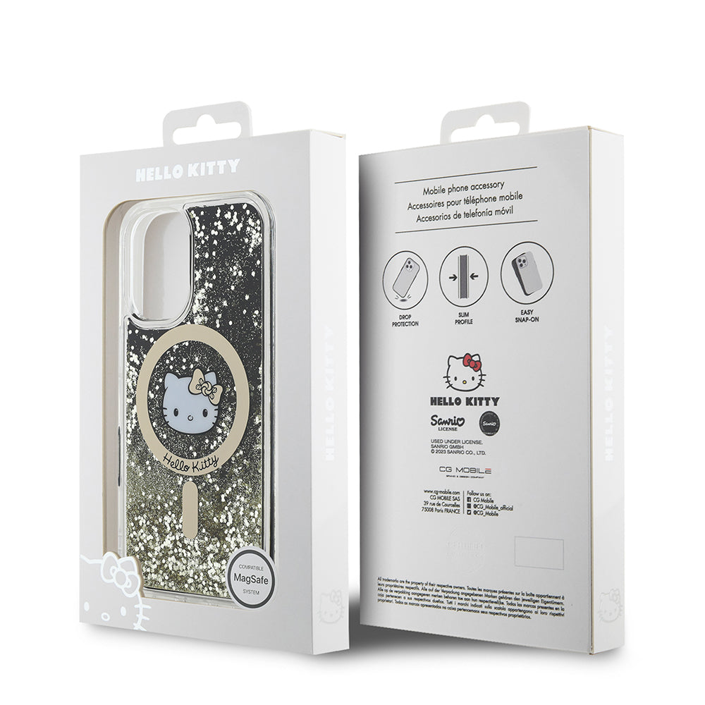 iPhone 16 Kılıf Hello Kitty Orjinal Lisanslı Magsafe Şarj Özellikli IML Baskı Kitty Head Logolu Sıvılı Simli Altın Ateşi Kılıf Siyah