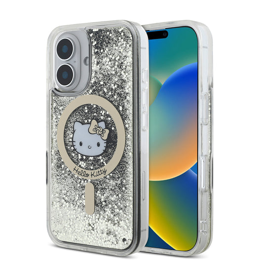 iPhone 16 Kılıf Hello Kitty Orjinal Lisanslı Magsafe Şarj Özellikli IML Baskı Kitty Head Logolu Sıvılı Simli Altın Ateşi Kılıf Siyah