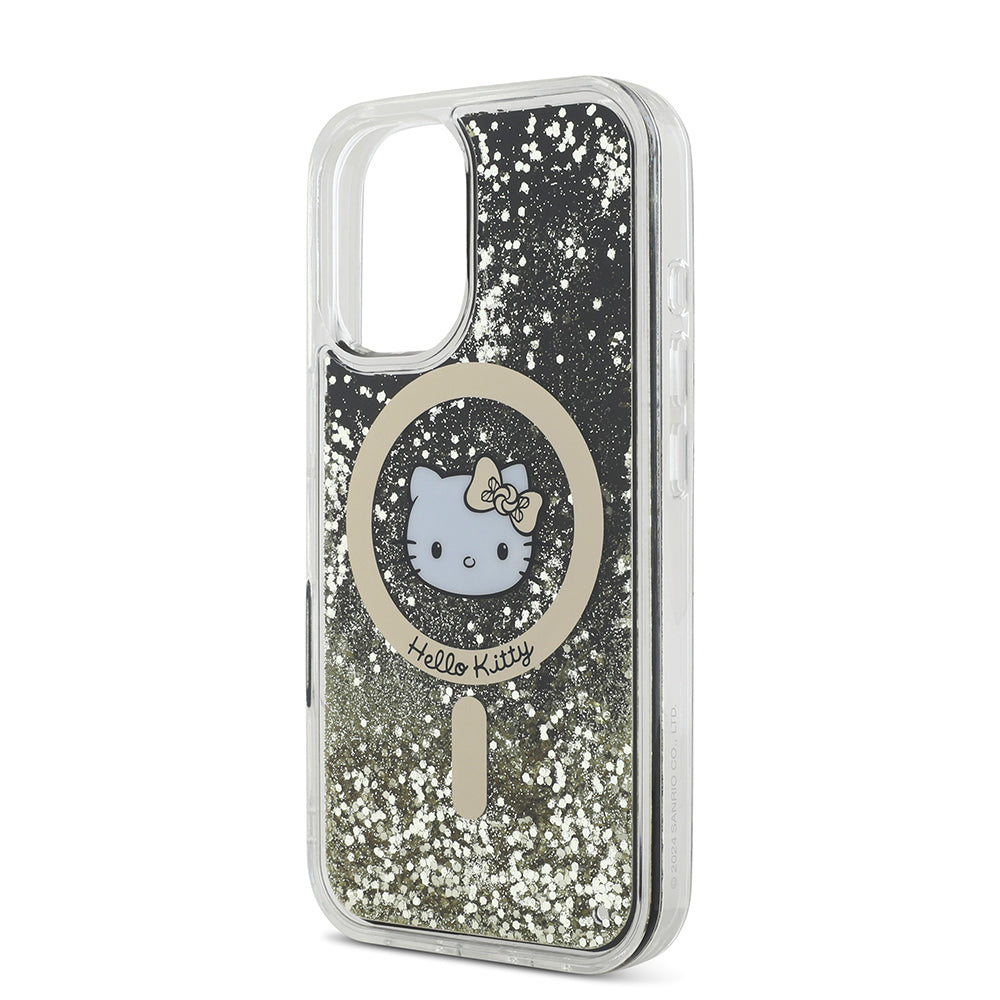 iPhone 16 Kılıf Hello Kitty Orjinal Lisanslı Magsafe Şarj Özellikli IML Baskı Kitty Head Logolu Sıvılı Simli Altın Ateşi Kılıf Siyah