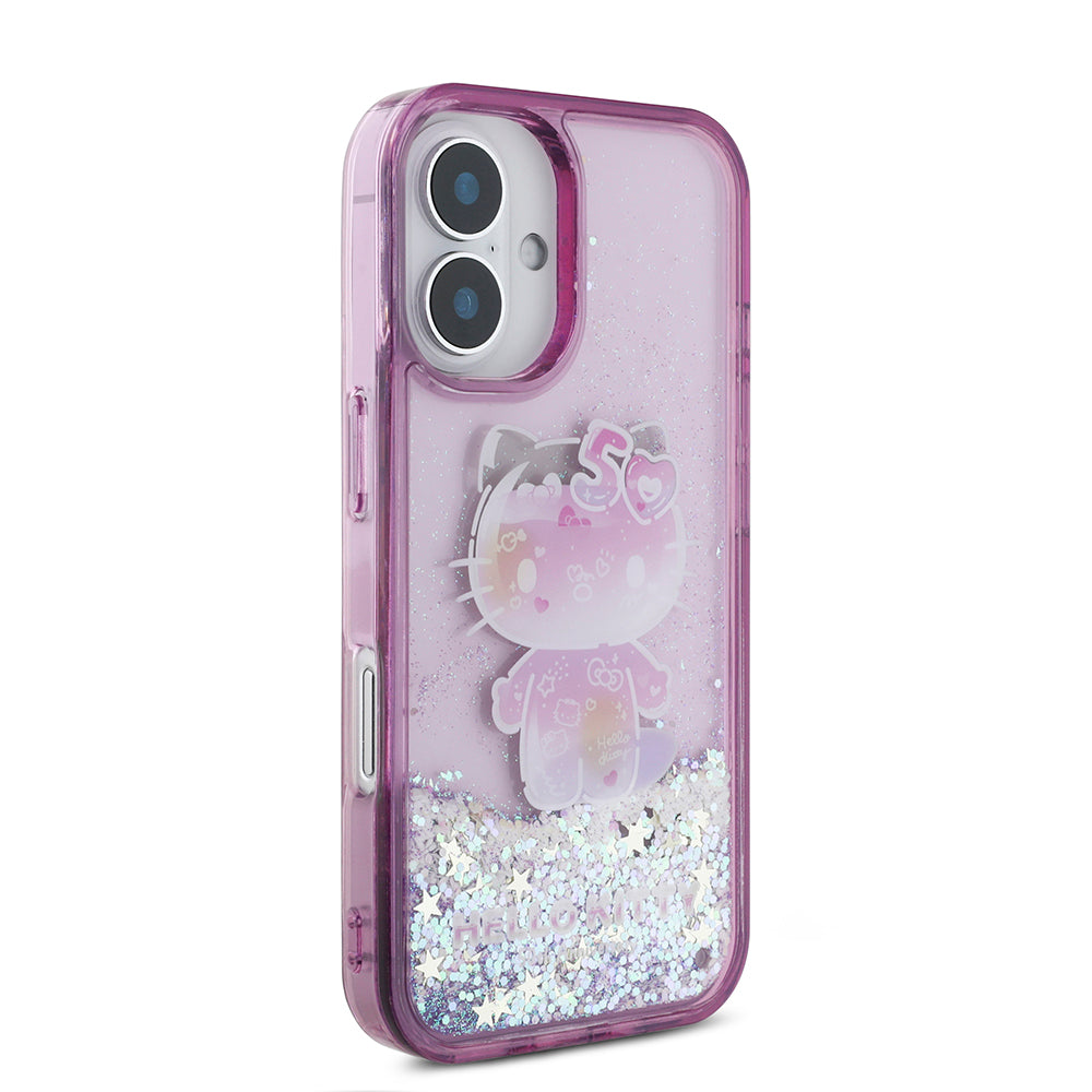 iPhone 16 Kılıf Hello Kitty Orjinal Lisanslı Sıvılı Simli 50. Yıldönümü Partisi Kılıf Mor
