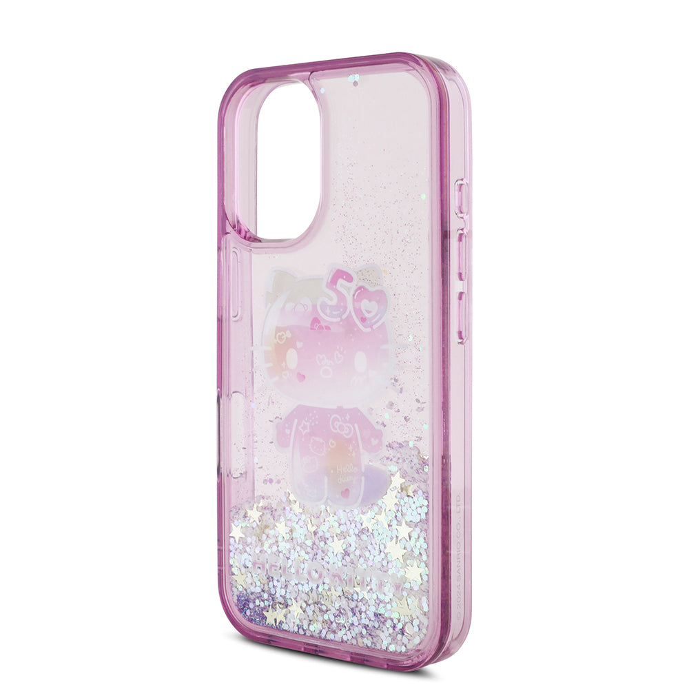 iPhone 16 Kılıf Hello Kitty Orjinal Lisanslı Sıvılı Simli 50. Yıldönümü Partisi Kılıf Mor