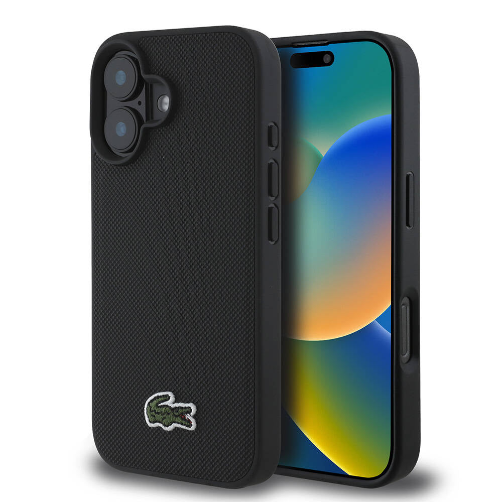 iPhone 16 Kılıf Lacoste Orjinal Lisanslı PU Pike Desenli Arka Yüzey İkonik Timsah Dokuma Logolu Kılıf Siyah