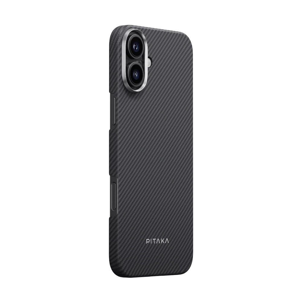 iPhone 16 Kılıf Magsafe Şarj Özellikli 600D Aramid Fiber Pitaka Ultra-Slim Classic Serisi Black-Grey Twill Kılıf Siyah