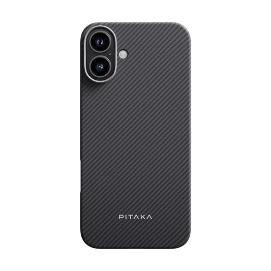 iPhone 16 Kılıf Magsafe Şarj Özellikli 600D Aramid Fiber Pitaka Ultra-Slim Classic Serisi Black-Grey Twill Kılıf Siyah