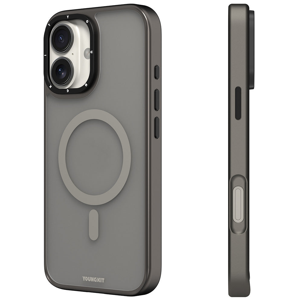 Apple iPhone 16 Kılıf M-safe Şarj Özellikli Cam Arka Yüzey TPU Youngkit Gemstone Serisi Kapak Gri