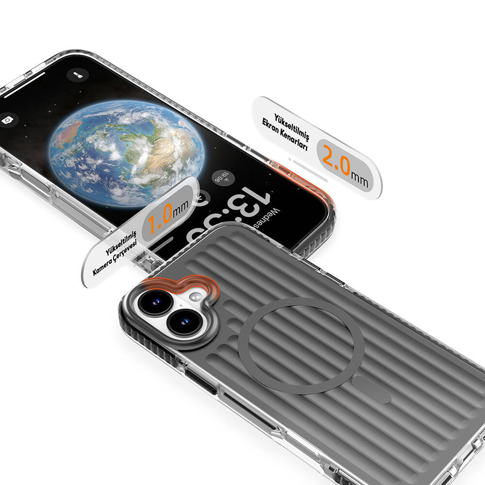 iPhone 16 Kılıf Magsafe Şarj Özellikli Oyuklu Tasarım Mutural Bumpy Clear Kılıf Mavi