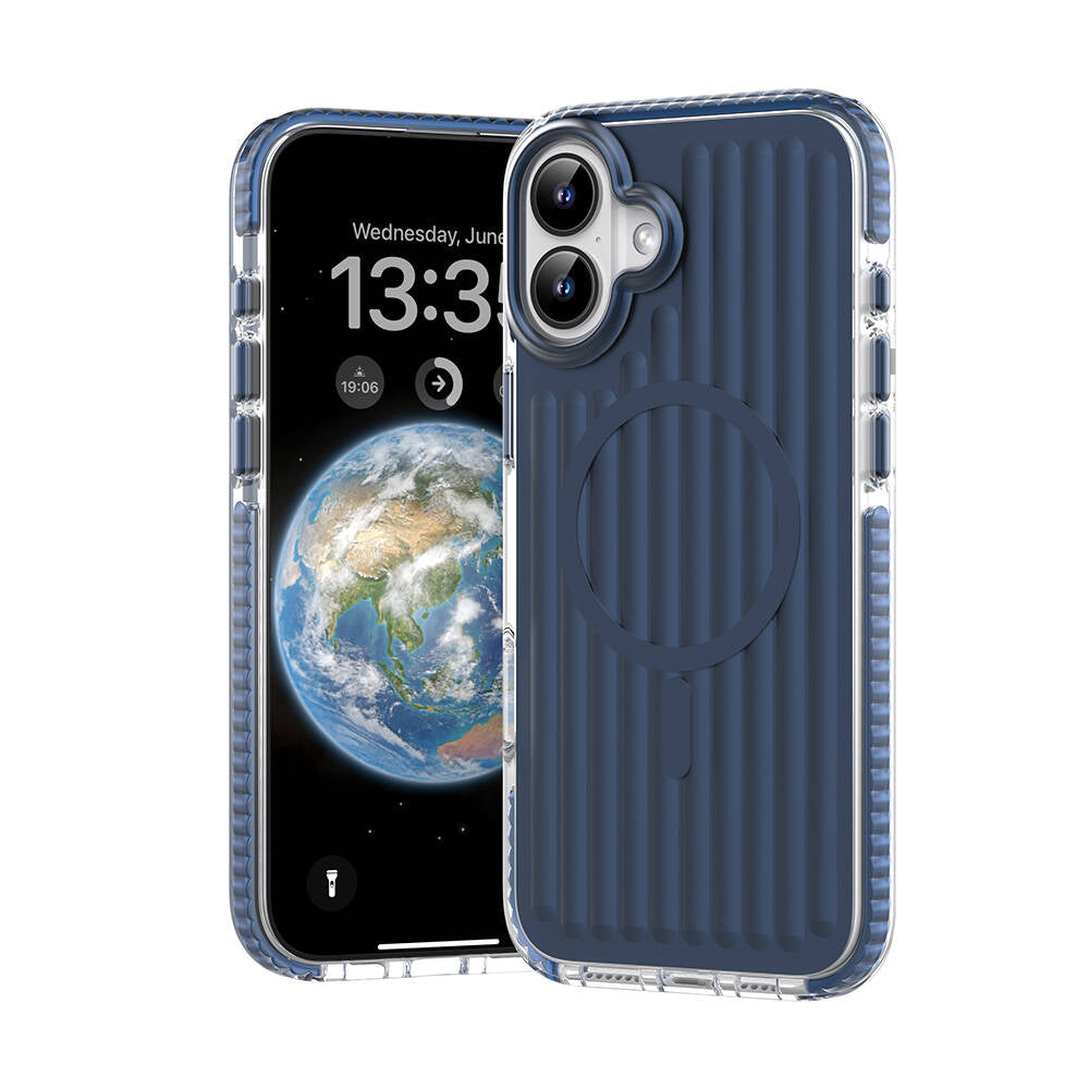 iPhone 16 Kılıf Magsafe Şarj Özellikli Oyuklu Tasarım Mutural Bumpy Clear Kılıf Mavi