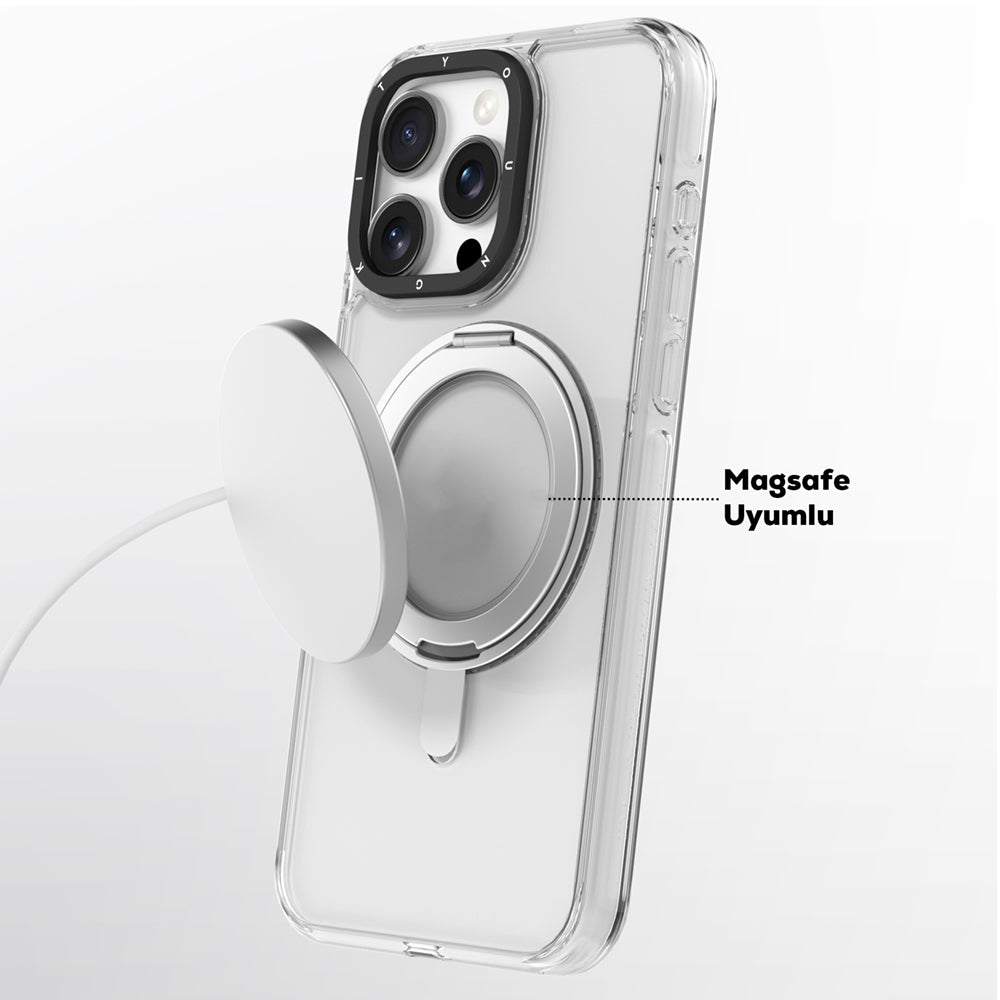 iPhone 16 Kılıf Magsafe Şarj Özellikli Parmak Ring Standlı Youngkit Pivot Serisi Kılıf Şeffaf