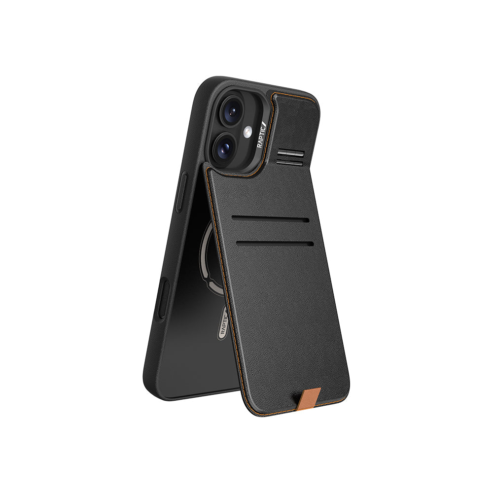 Apple iPhone 16 Kılıf M-safe Şarj Özellikli Raptic Slim Wallet Serisi Deri Görünümlü Kartlıklı Standlı Kapak
