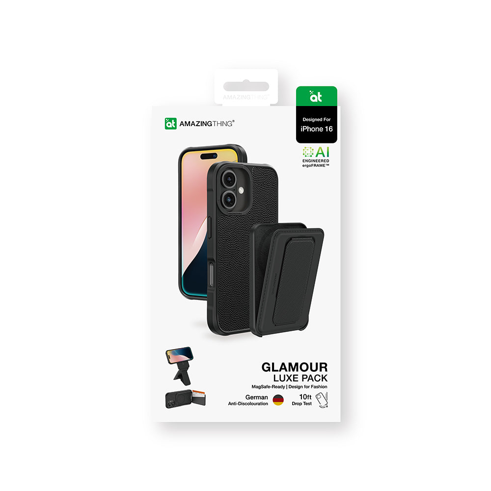 iPhone 16 Kılıf Magsafe Şarj Özellikli Standlı Kartlıklı Set Amazingthing Glamour Luxe Serisi Kılıf Siyah