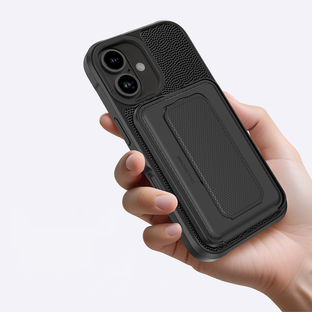 iPhone 16 Kılıf Magsafe Şarj Özellikli Standlı Kartlıklı Set Amazingthing Glamour Luxe Serisi Kılıf Siyah