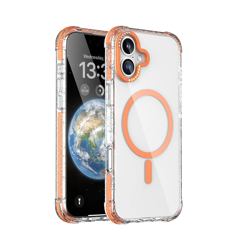 iPhone 16 Kılıf Magsafe Şarj Özellikli Taşlı ve Simli Tasarım Mutural Blink Kılıf Pembe