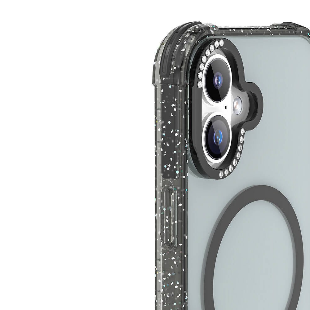 iPhone 16 Kılıf Magsafe Şarj Özellikli Taşlı ve Simli Tasarım Mutural Blink Kılıf Siyah