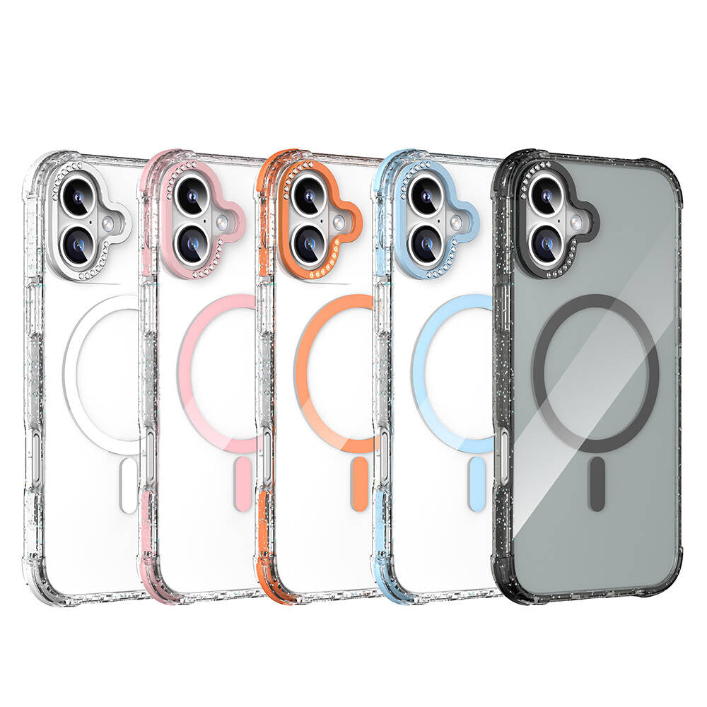 iPhone 16 Kılıf Magsafe Şarj Özellikli Taşlı ve Simli Tasarım Mutural Blink Kılıf Turuncu