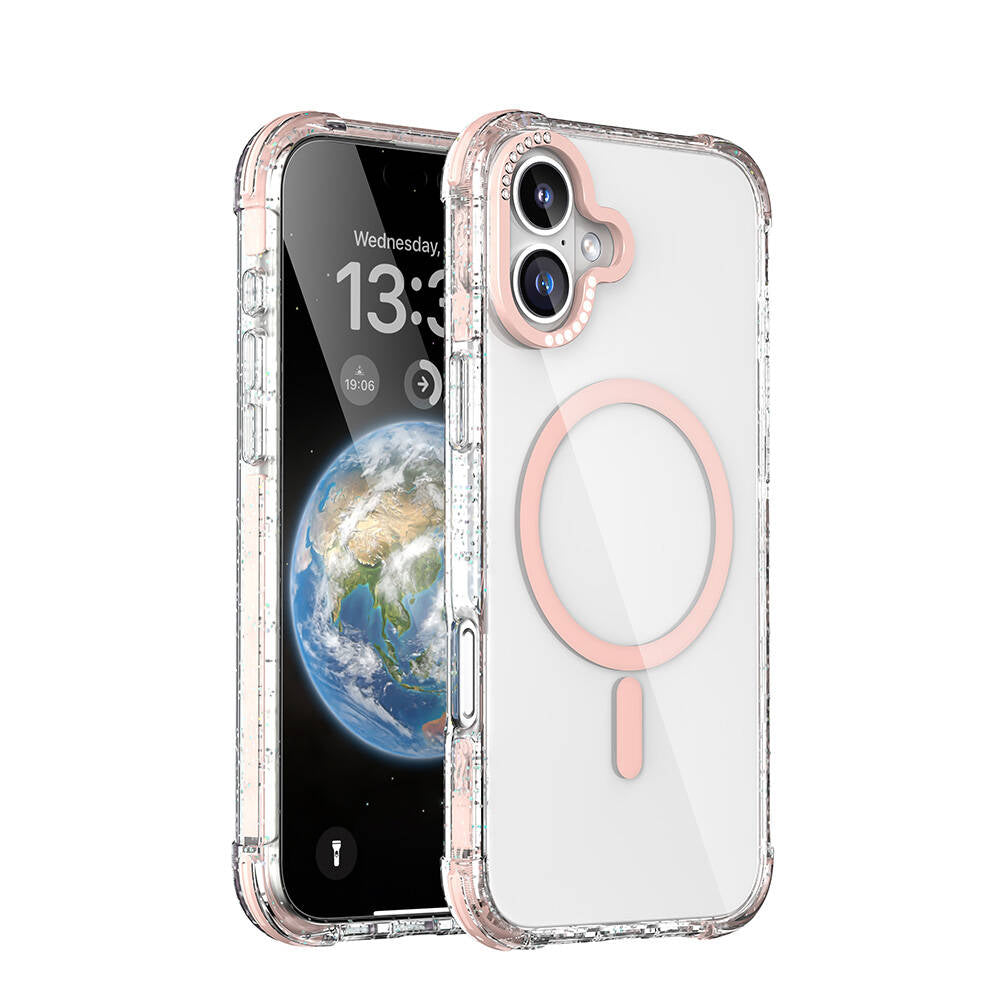 iPhone 16 Kılıf Magsafe Şarj Özellikli Taşlı ve Simli Tasarım Mutural Blink Kılıf Pembe