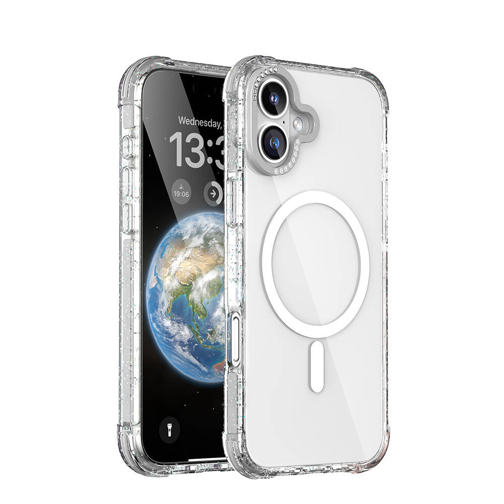 iPhone 16 Kılıf Magsafe Şarj Özellikli Taşlı ve Simli Tasarım Mutural Blink Kılıf Şeffaf