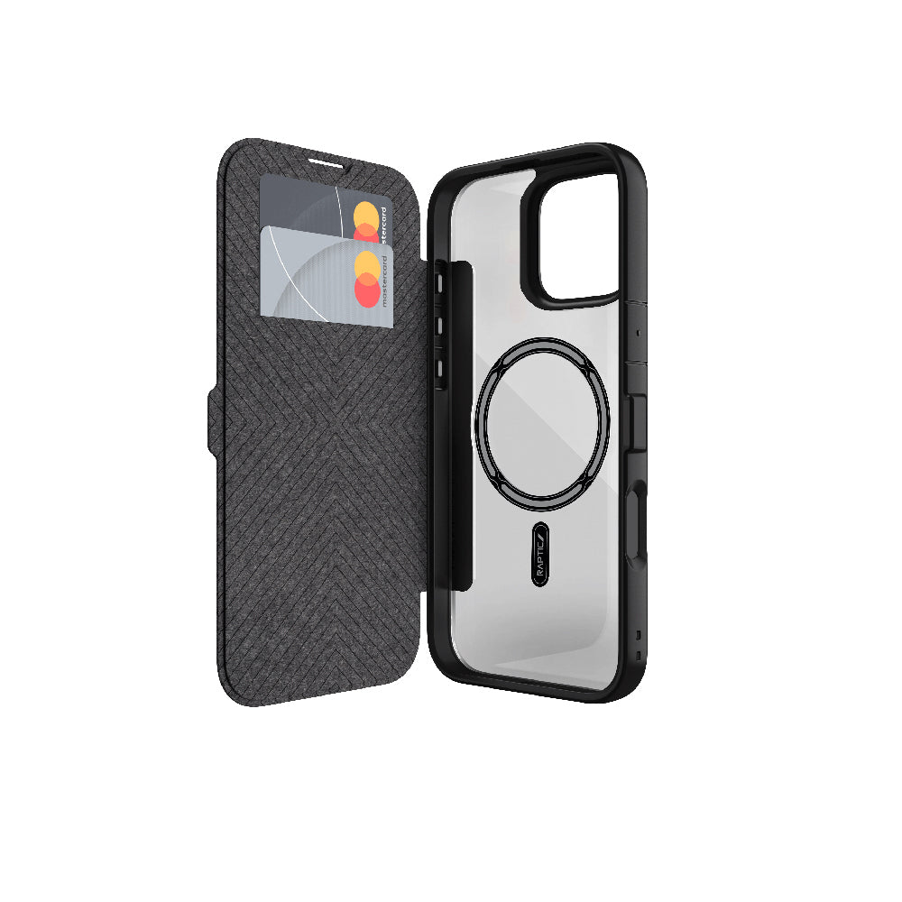 Apple iPhone 16 Kılıf M-safe Şarj Özellikli Vegan Deri Tasarımlı Şeffaf Arka Yüzey Kartlıklı Raptic Urban Folio Serisi Kapak Siyah