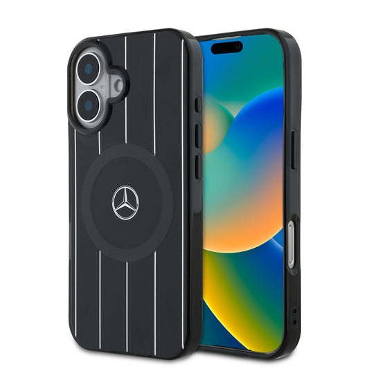 Apple iPhone 16 Kılıf Mercedes Benz Orjinal Lisanslı M-safe Şarj Özellikli Çift Katmanlı Paralel Çizgi Desenli Kapak