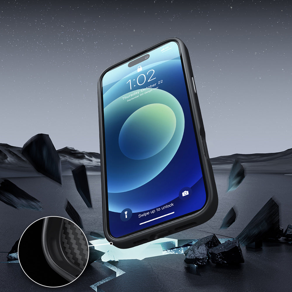 iPhone 16 Kılıf Wiwu DCC-205 Magsafe Şarj Özellikli Aramid Fiber Tasarım Kevlar Kılıf Siyah