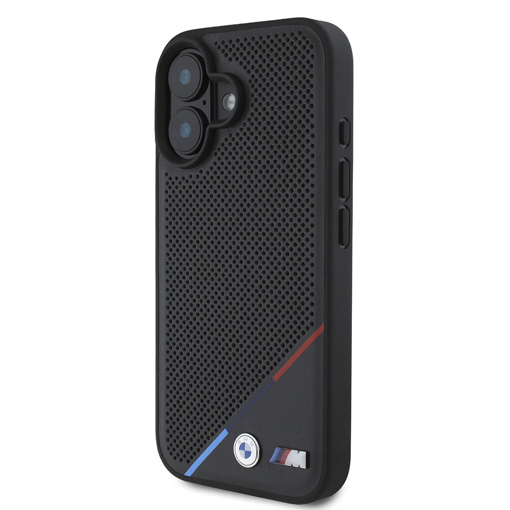 iPhone 16 Plus Kılıf BMW Orjinal Lisanslı Magsafe Şarj Özellikli M Logolu Üç Çizgili Delikli Deri Kılıf Siyah