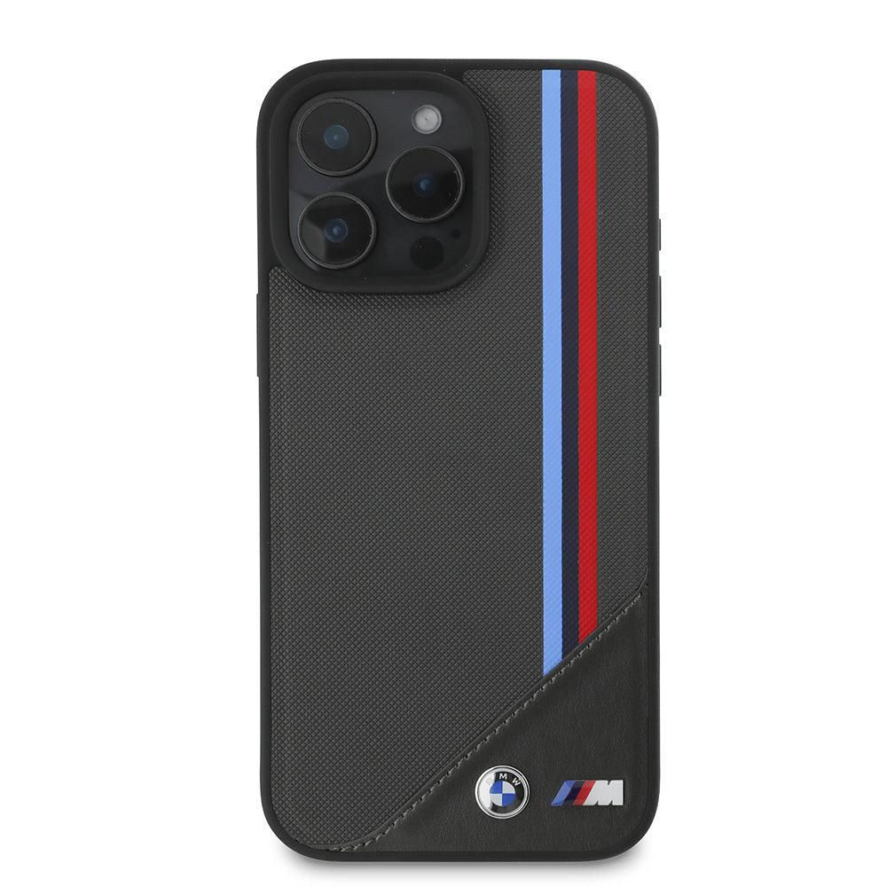 iPhone 16 Plus Kılıf BMW Orjinal Lisanslı Magsafe Şarj Özellikli M Logolu Üç Çizgili Dikiş Detaylı Meshed Tricolor Stripes Kılıf Siyah