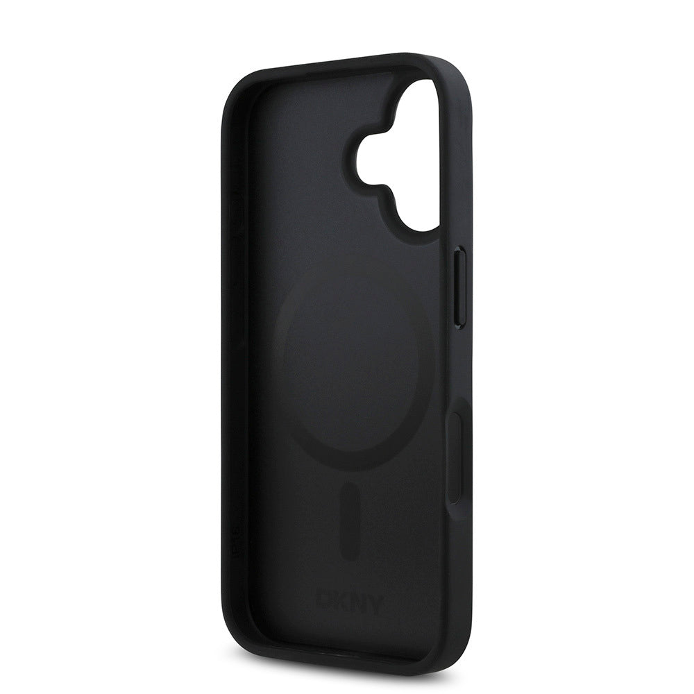 iPhone 16 Plus Kılıf DKNY Orjinal Lisanslı Magsafe Şarj Özellikli 3D Yazılı Repeat Pattern Kılıf Siyah