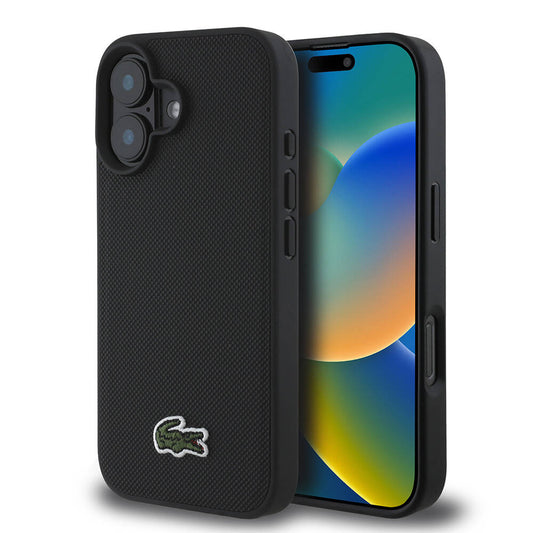 iPhone 16 Plus Kılıf Lacoste Orjinal Lisanslı PU Pike Desenli Arka Yüzey İkonik Timsah Dokuma Logolu Kılıf Siyah