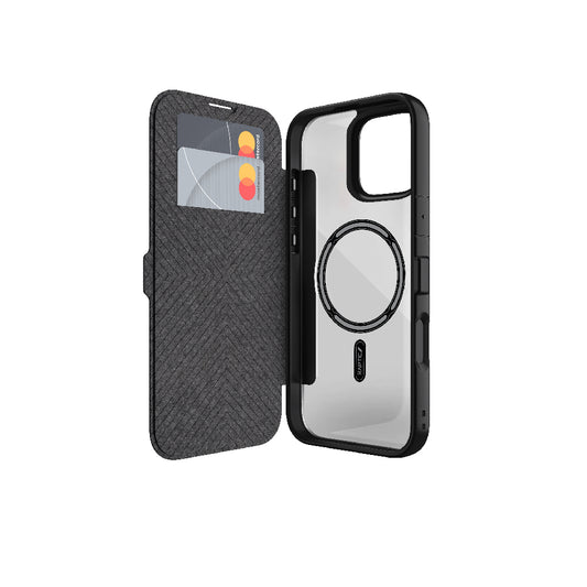 Apple iPhone 16 Plus Kılıf M-safe Şarj Özellikli Vegan Deri Tasarımlı Şeffaf Arka Yüzey Kartlıklı Raptic Urban Folio Serisi Kapak