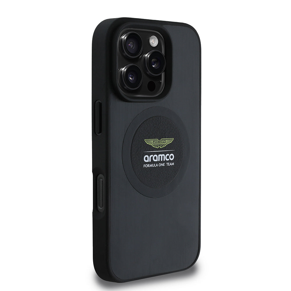 Apple iPhone 16 Pro Kılıf Aston Martin Orjinal Lisanslı M-safe Şarj Özellikli Aluminyum Arka Yüzeyli Formula One Team Baskılı Kapak Siyah