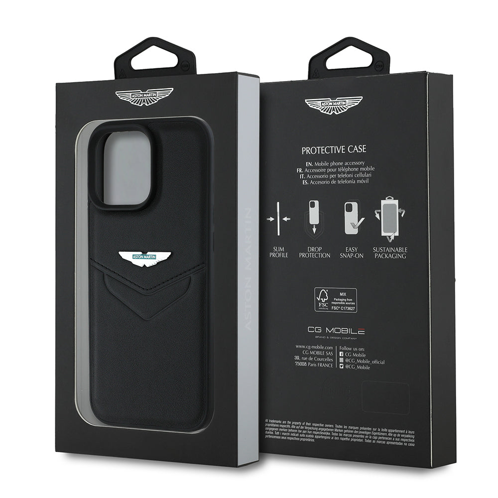 Apple iPhone 16 Pro Kılıf Aston Martin Orjinal Lisanslı Victory Dizayn PU Deri Metal Logolu Kapak Siyah