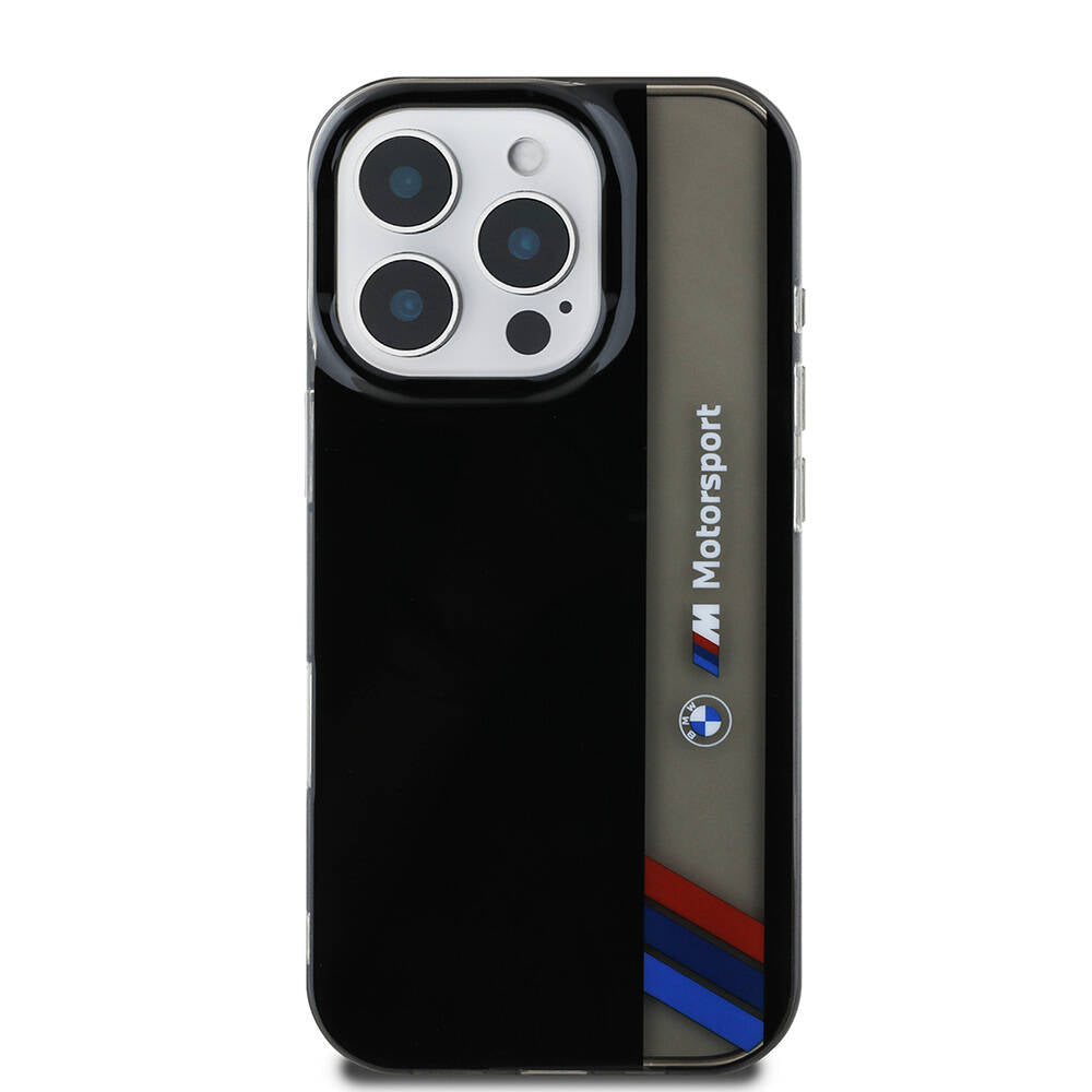 iPhone 16 Pro Kılıf BMW Orjinal Lisanslı M Logolu Üç Renk Çizgili Motorsport Vertical Stripe Kılıf Siyah