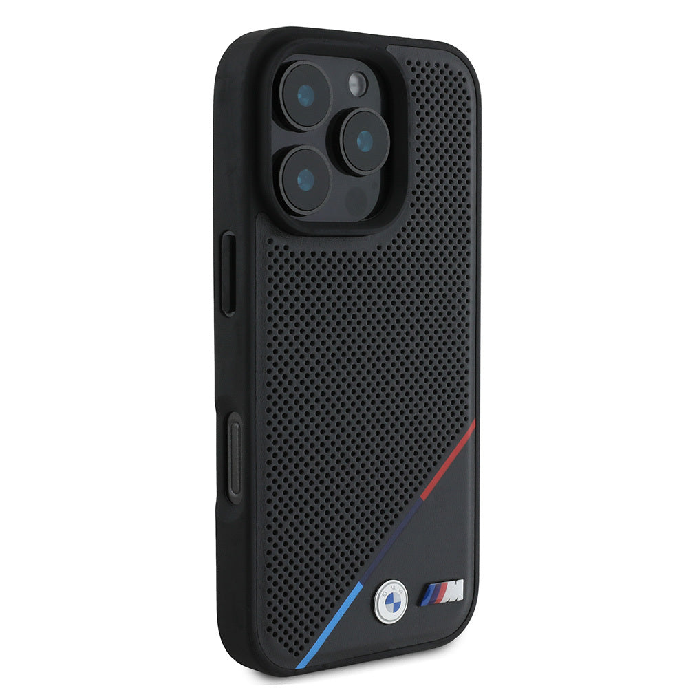 iPhone 16 Pro Kılıf BMW Orjinal Lisanslı Magsafe Şarj Özellikli M Logolu Üç Çizgili Delikli Deri Kılıf Siyah