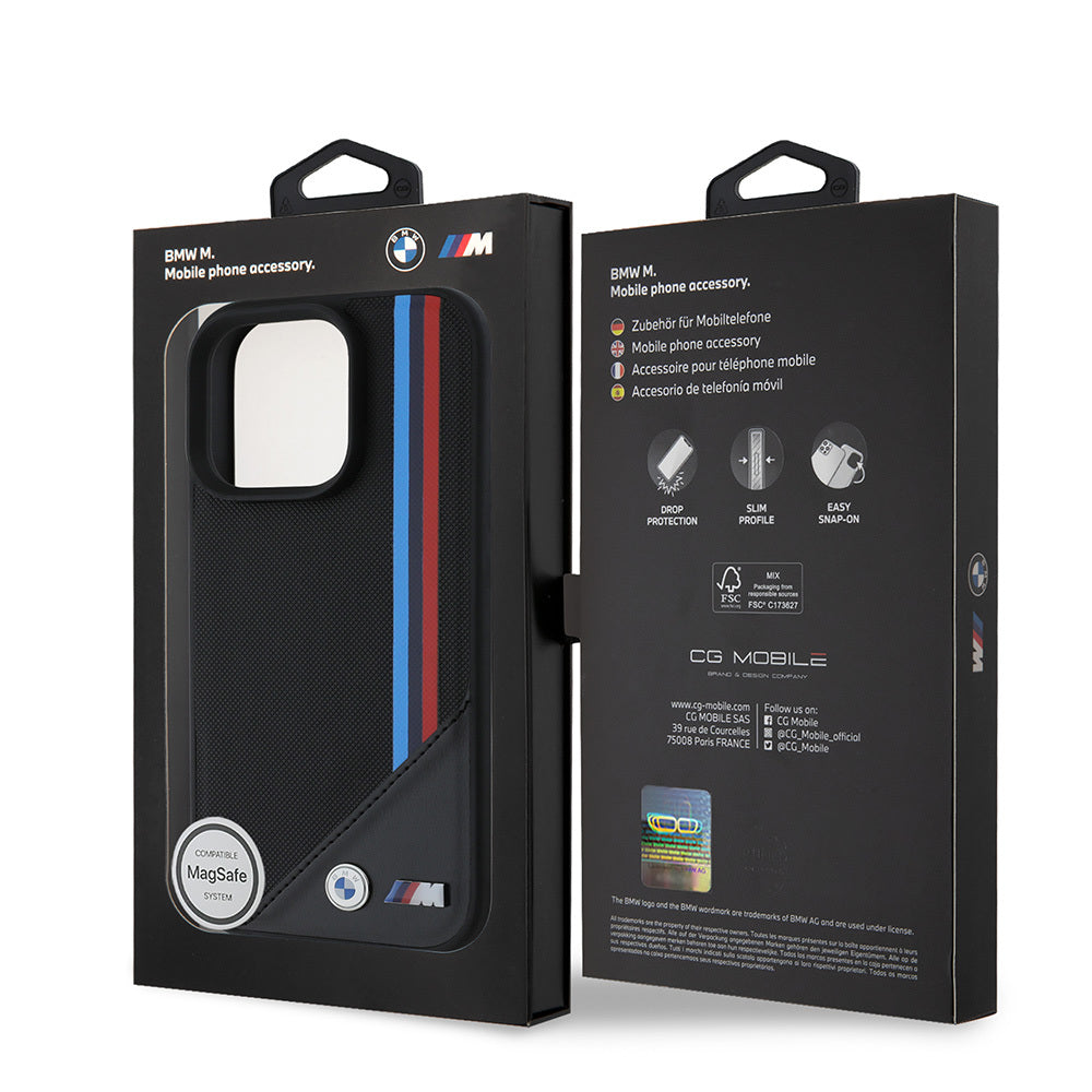 iPhone 16 Pro Kılıf BMW Orjinal Lisanslı Magsafe Şarj Özellikli M Logolu Üç Çizgili Dikiş Detaylı Meshed Tricolor Stripes Kılıf Siyah