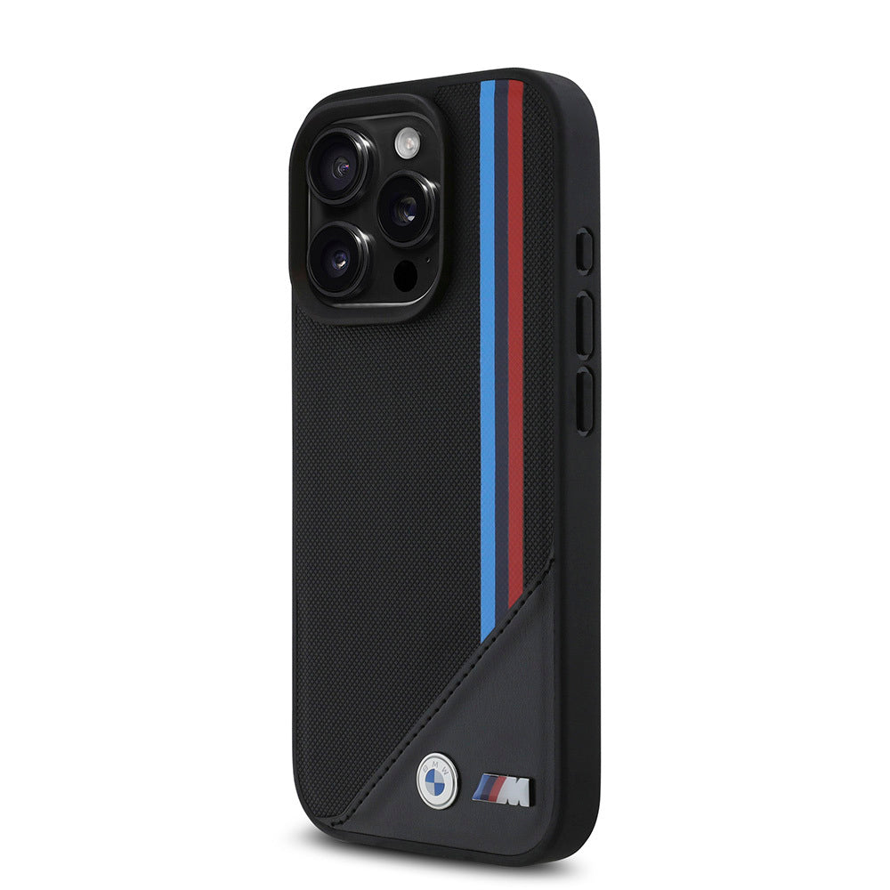 iPhone 16 Pro Kılıf BMW Orjinal Lisanslı Magsafe Şarj Özellikli M Logolu Üç Çizgili Dikiş Detaylı Meshed Tricolor Stripes Kılıf Siyah