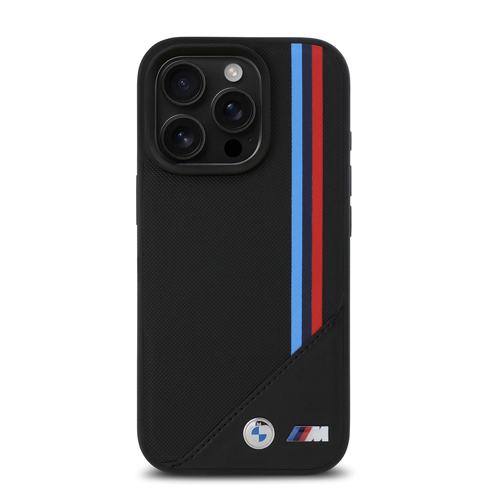 iPhone 16 Pro Kılıf BMW Orjinal Lisanslı Magsafe Şarj Özellikli M Logolu Üç Çizgili Dikiş Detaylı Meshed Tricolor Stripes Kılıf Siyah
