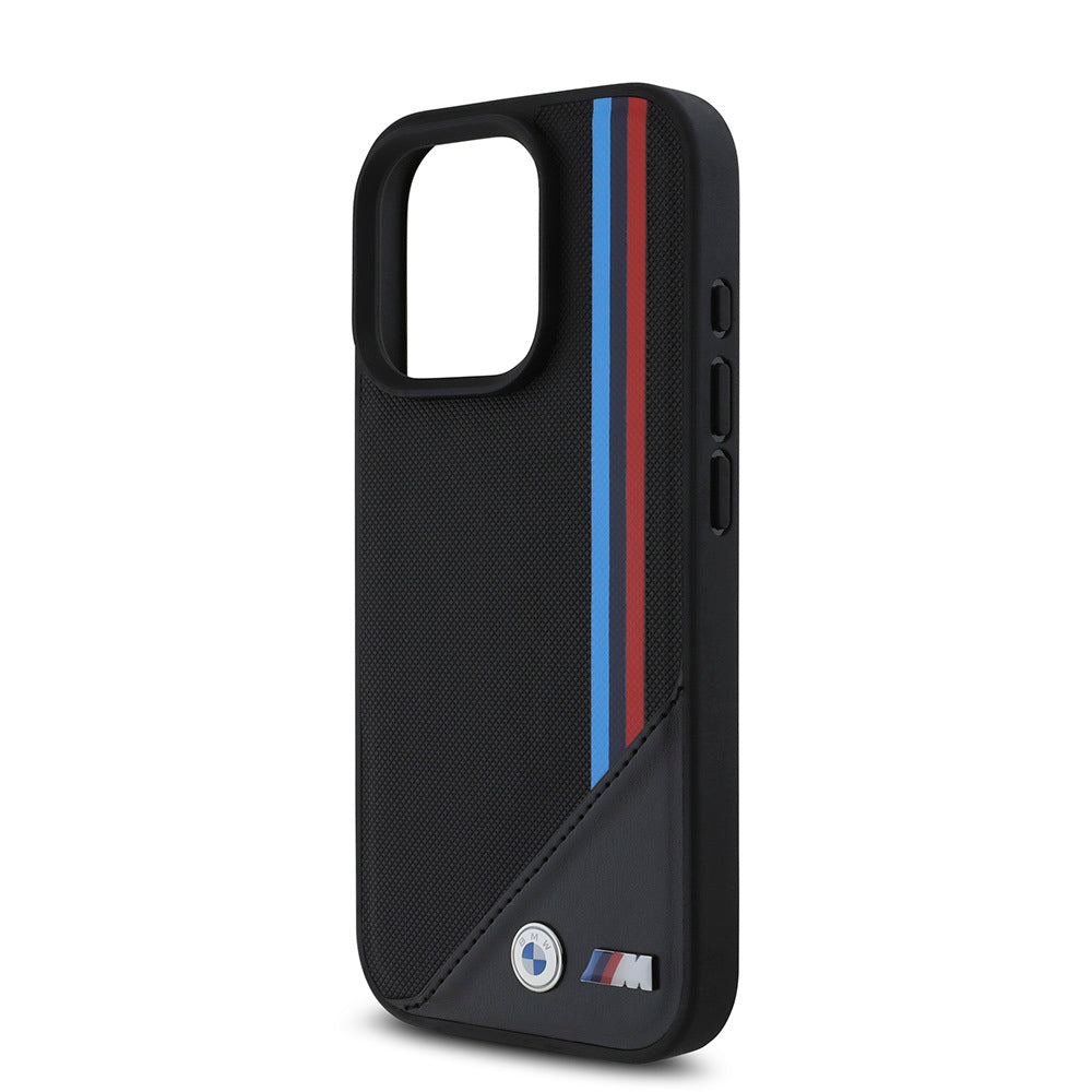 iPhone 16 Pro Kılıf BMW Orjinal Lisanslı Magsafe Şarj Özellikli M Logolu Üç Çizgili Dikiş Detaylı Meshed Tricolor Stripes Kılıf Siyah