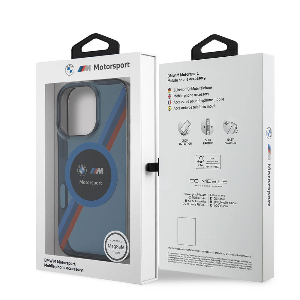 iPhone 16 Pro Kılıf BMW Orjinal Lisanslı Magsafe Şarj Özellikli M Logolu Üç Renk Çizgili Motorsport Circle Kılıf Siyah