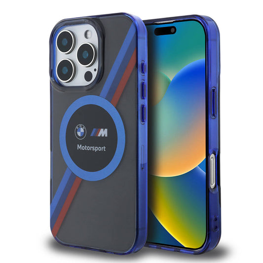 iPhone 16 Pro Kılıf BMW Orjinal Lisanslı Magsafe Şarj Özellikli M Logolu Üç Renk Çizgili Motorsport Circle Kılıf Siyah