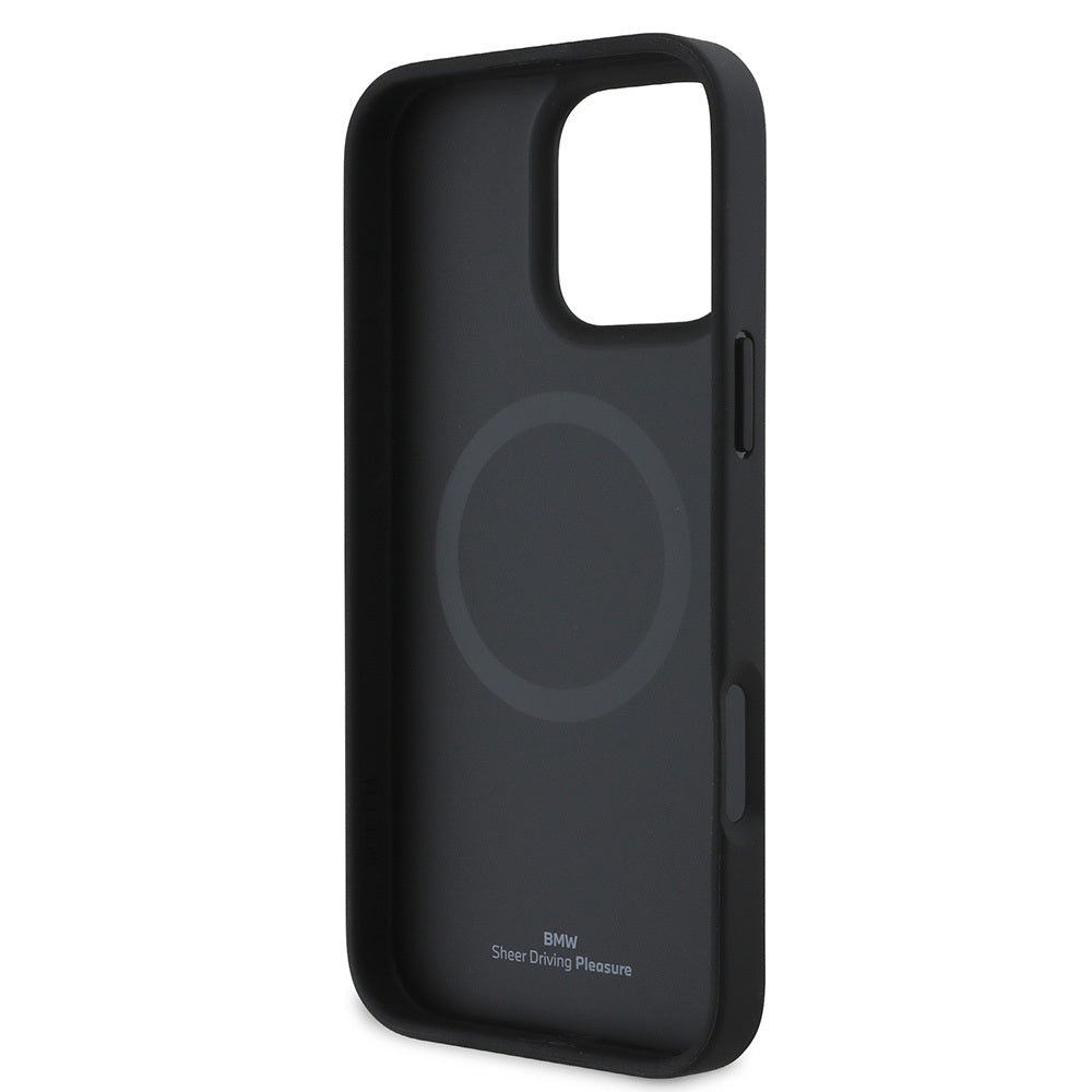 iPhone 16 Pro Kılıf BMW Orjinal Lisanslı Magsafe Şarj Özellikli Metal Logolu Dokulu ve Çizgili Deri Kılıf Gri