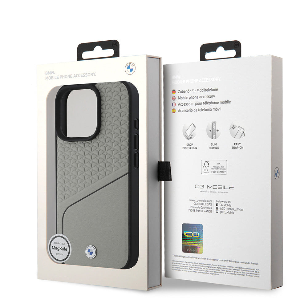 iPhone 16 Pro Kılıf BMW Orjinal Lisanslı Magsafe Şarj Özellikli Metal Logolu Dokulu ve Çizgili Deri Kılıf Gri