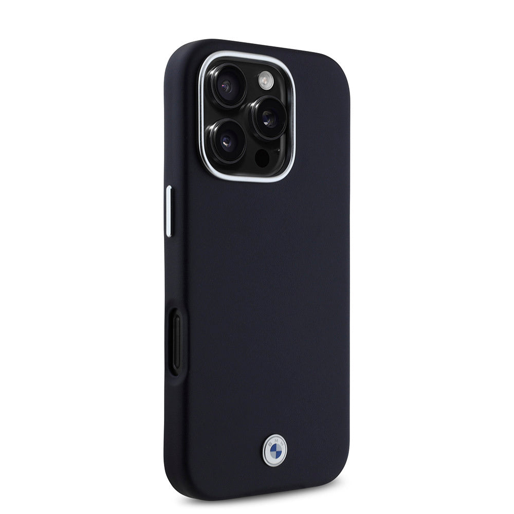 iPhone 16 Pro Kılıf BMW Orjinal Lisanslı Magsafe Şarj Özellikli Metal Logolu Tam Kaplama Deri Kılıf Lacivert