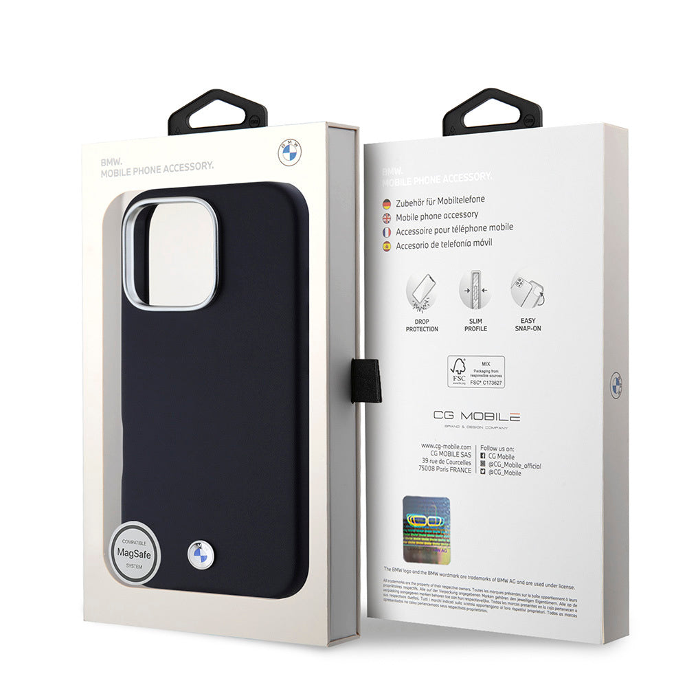 iPhone 16 Pro Kılıf BMW Orjinal Lisanslı Magsafe Şarj Özellikli Metal Logolu Tam Kaplama Deri Kılıf Lacivert