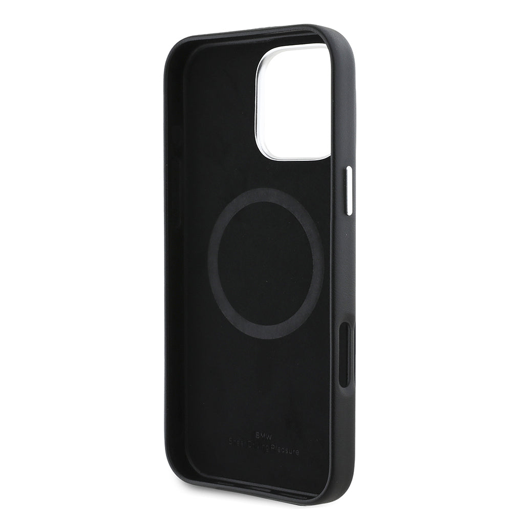 iPhone 16 Pro Kılıf BMW Orjinal Lisanslı Magsafe Şarj Özellikli Metal Logolu Tam Kaplama Deri Kılıf Lacivert