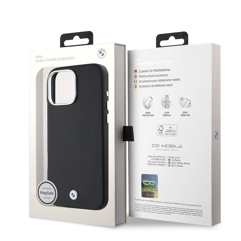 iPhone 16 Pro Kılıf BMW Orjinal Lisanslı Magsafe Şarj Özellikli Metal Logolu Tam Kaplama Deri Kılıf Siyah