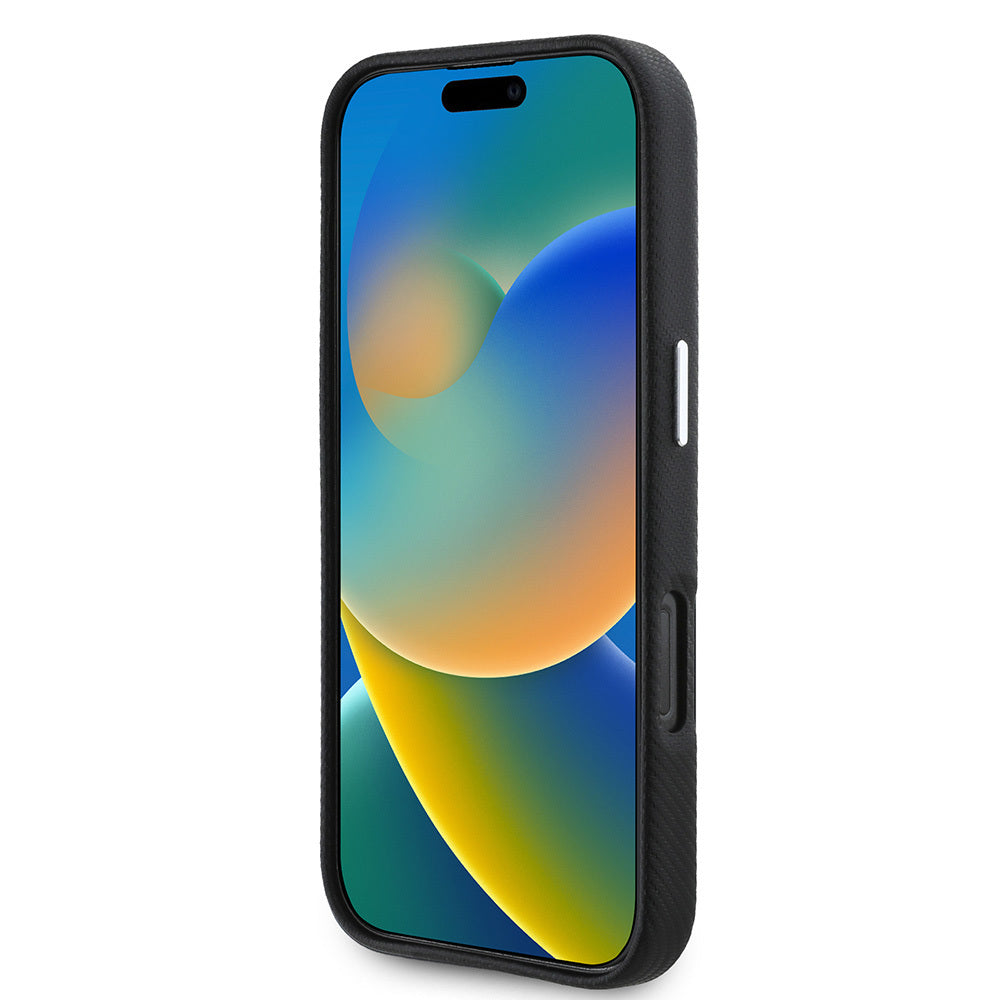 iPhone 16 Pro Kılıf BMW Orjinal Lisanslı Tam Sarılmış Kevlar Tasarımlı Metal Logo Suni Deri Kılıf Siyah