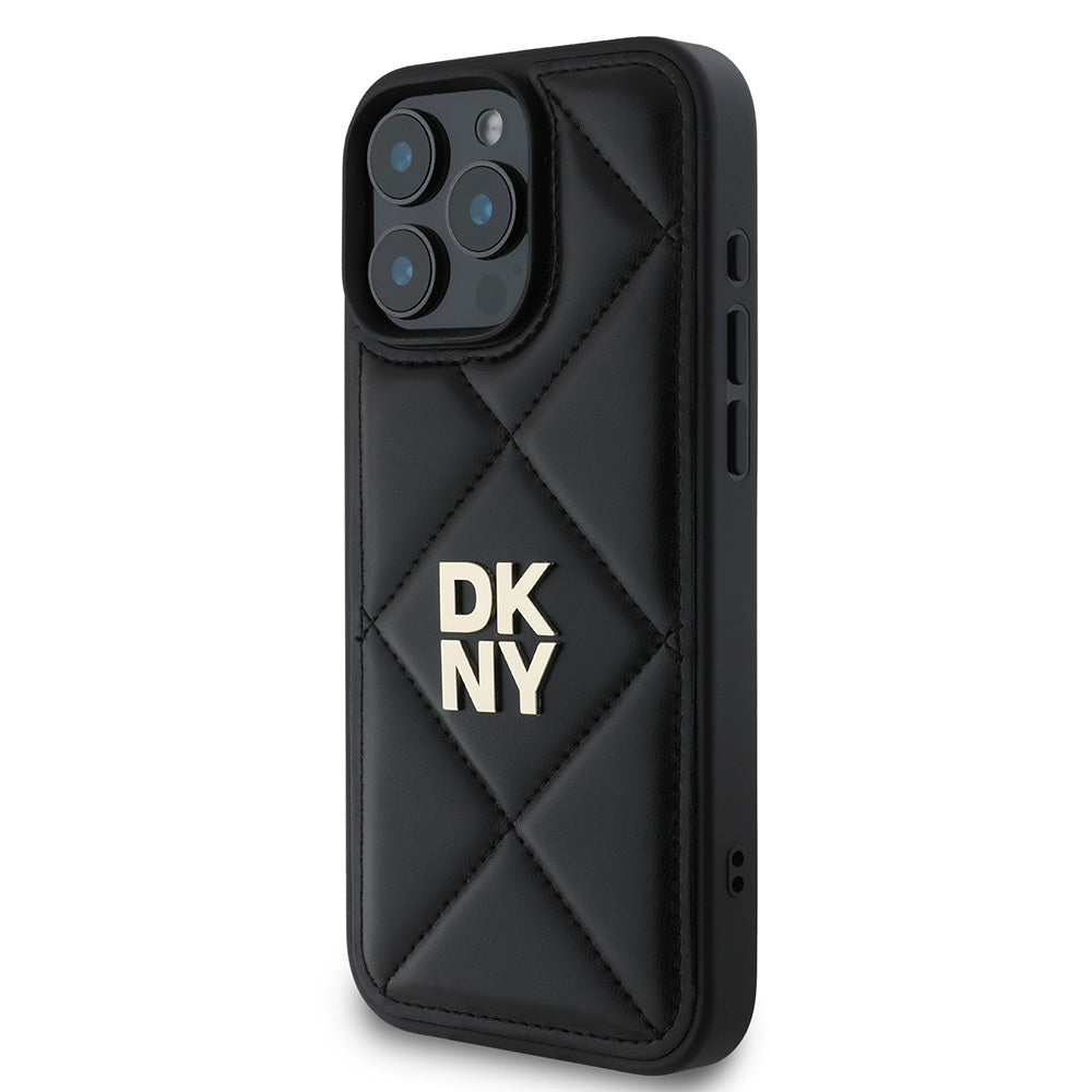iPhone 16 Pro Kılıf DKNY Orjinal Lisanslı Kapitone Tasarımlı Metal Logolu Deri Kılıf Siyah