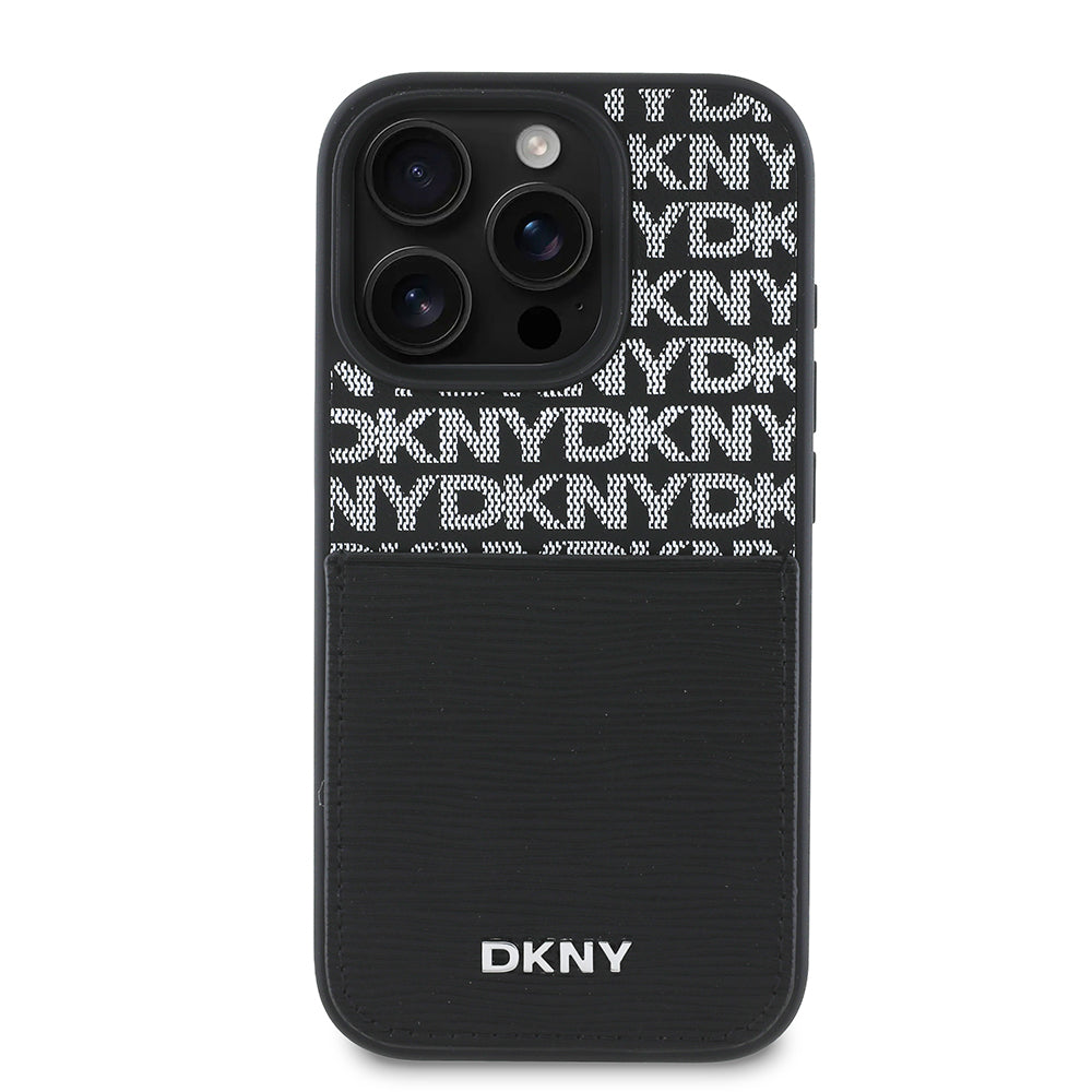 iPhone 16 Pro Kılıf DKNY Orjinal Lisanslı Kartlıklı 3D Yazılı Repeat Texture Pattern Kılıf Siyah