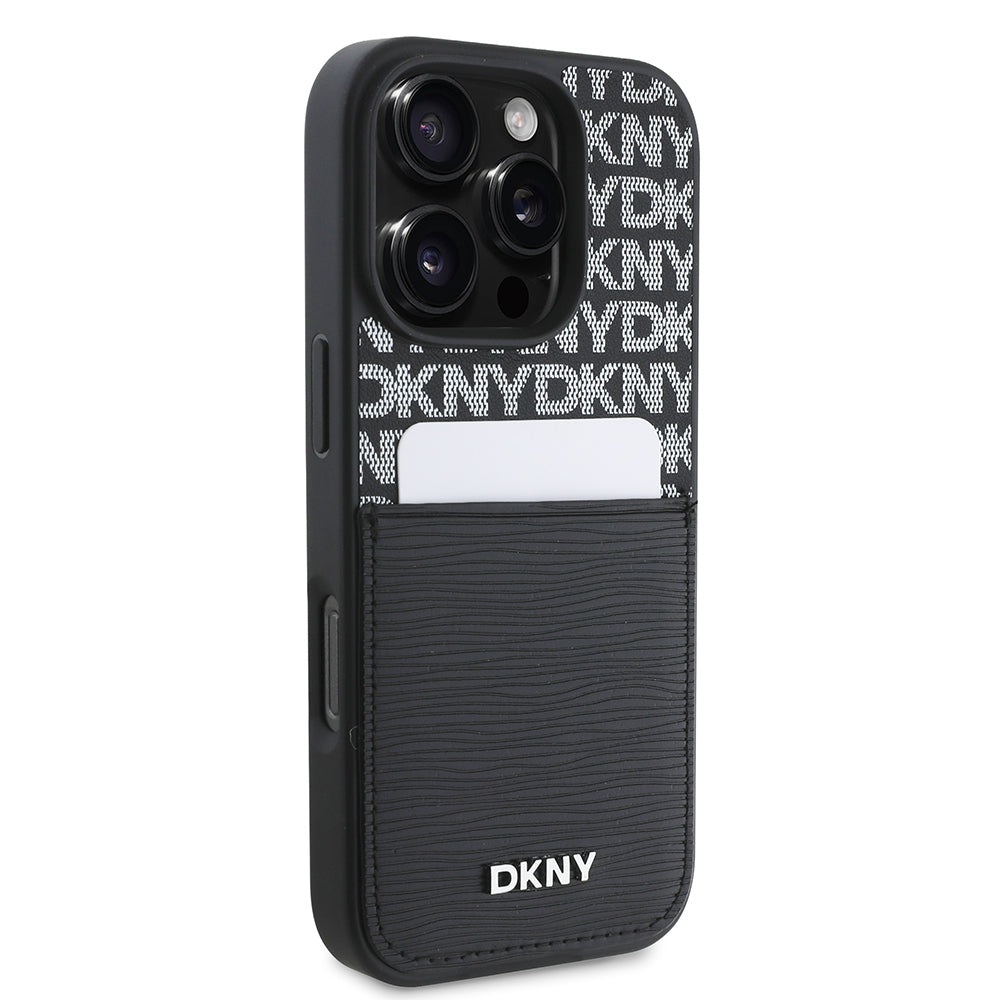 iPhone 16 Pro Kılıf DKNY Orjinal Lisanslı Kartlıklı 3D Yazılı Repeat Texture Pattern Kılıf Siyah
